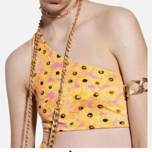 Zara Sunflower Floral pink & Yellow One-Shoulder crop tank Top small